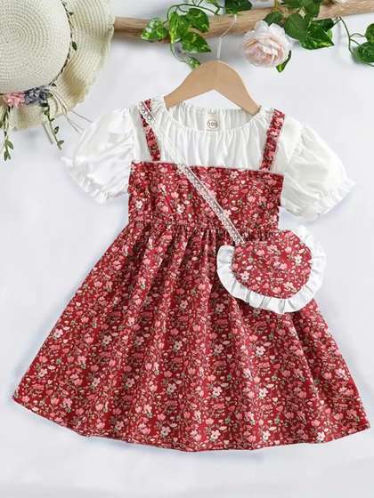 YK Floral Print Puff
                    Sleeve A-Line Dress
