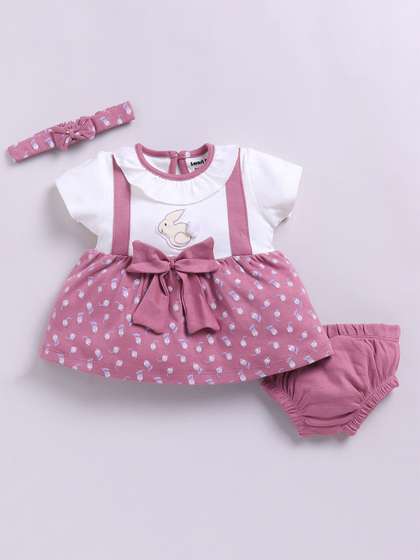 Smart Baby Girls
                    Conversational Printed Round Neck Bow Fit and Flare
                    Knee Length Dress