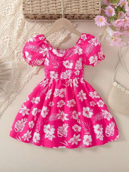 YK Girls Floral
                      Printed Puff Sleeve Fit and Flare Dress