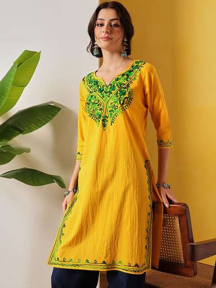 FEMBLISS Kashmiri
                        Aari Pure Cotton V-Neck Straight Long Kurti
