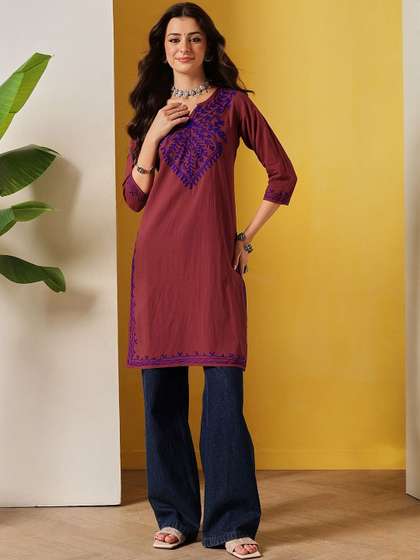FEMBLISS Kashmiri
                        Aari Pure Cotton V-Neck Straight Long Kurti