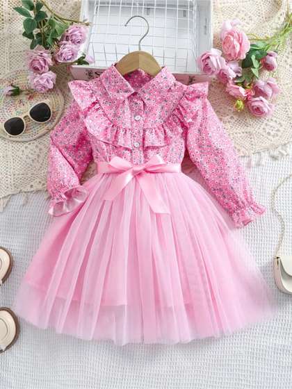 YK Girls Self Design
                    Shirt Collar Ruffles Fit and Flare Dress