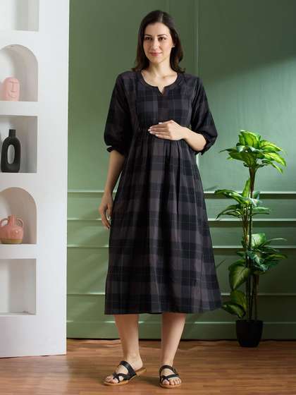 NIGHTSPREE Checked
                        Puff Sleeve Maternity A-Line Dress