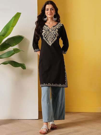 FEMBLISS Kashmiri
                        Aari Pure Cotton V-Neck Straight Long Kurti