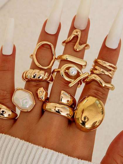 Jewels Galaxy Set Of
                        12 Gold-Plated Anti-Tarnish Pearl Finger Rings