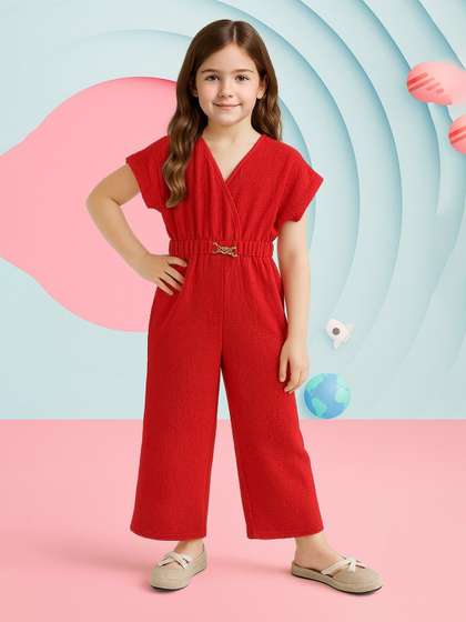 YK Girls V-Neck Cap
                      Sleeves Belted Wide-Leg Basic Jumpsuit