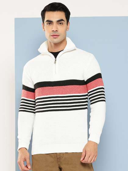 Aarika Self
                          Striped Waffle Knit Mock Neck Woollen
                          Pullover
