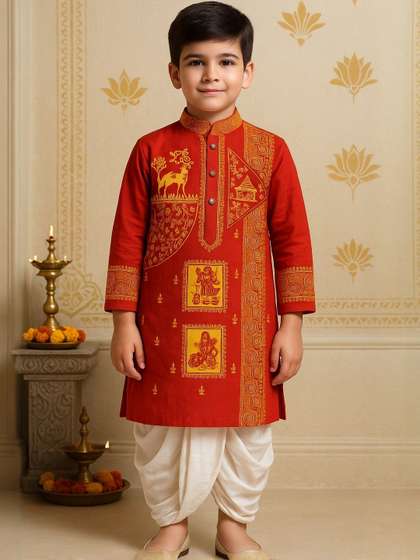 Cae Boys Ethnic Motifs
                    Printed Regular Pure Cotton Kurta with Dhoti Pants