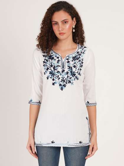 Missethic Women
                        Floral Embroidered V-Neck Pure Cotton Kurti