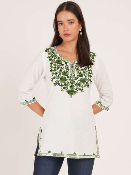 Missethic Ethnic
                        Motifs Embroidered V-Neck Thread Work Pure
                        Cotton Thread Work Kurti