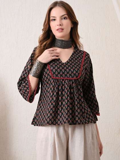 KALAMIR Print
                          Flared Sleeve Ethnic Cotton Top