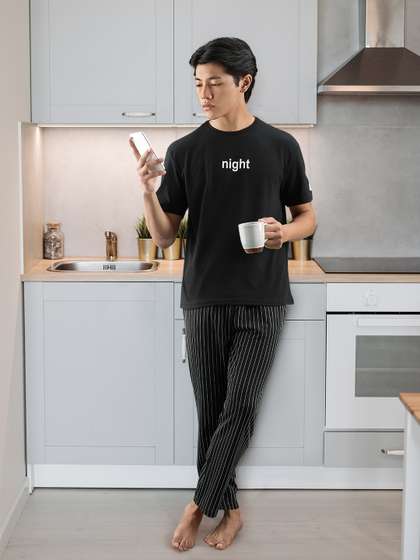 Trendyol Men Black
                        & Off White Pure Cotton Pyjamas Set