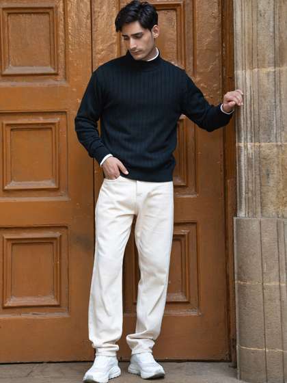 Powerlook Men Black
                      Structure Stripe High Neck Sweater