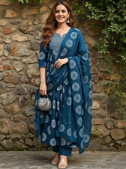 ARADHNA geometric
                          Printed Notch Neck Anarkali Kurta With
                          Trousers & Dupatta