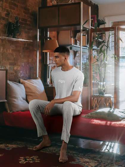 Trendyol Men Grey
                      Melange Pure Cotton Solid Pyjamas Set