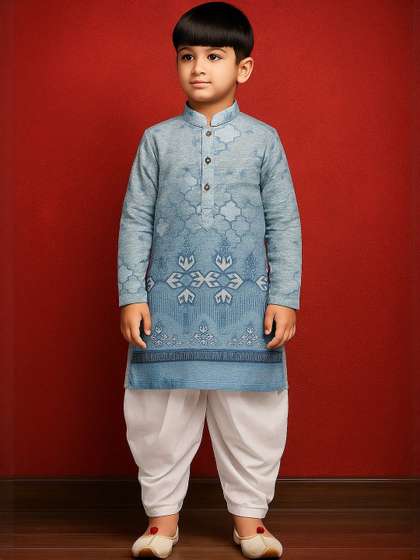 Cae Boys Ethnic Motifs
                    Printed Mandarin Collar Long Sleeves Straight Kurta
                    With Dhoti Pant