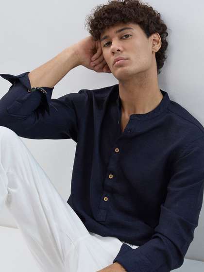 HERE&NOW Band
                        Collar Roll-Up Sleeves Straight Kurta