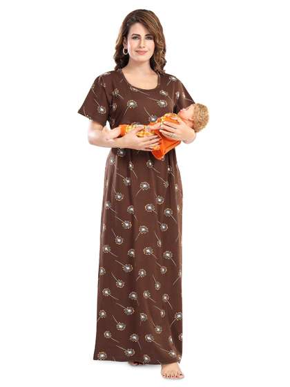Fabme Women Floral
                        Printed Round Neck Maternity Maxi Nightdress