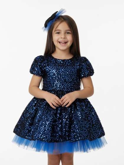 YK Girls Embellished
                    Puff Sleeve Fit-Flare Dress