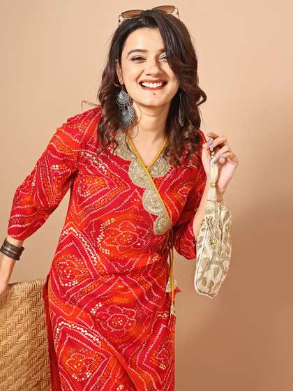 Sangria Red Bandhani
                        Printed Angrakha Sequined Straight Kurta
