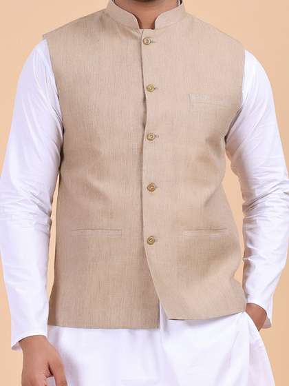 W & G Men Woven
                        Design Pure Cotton Solid Mandarin Collar
                        Sleeveless Nehru Jacket