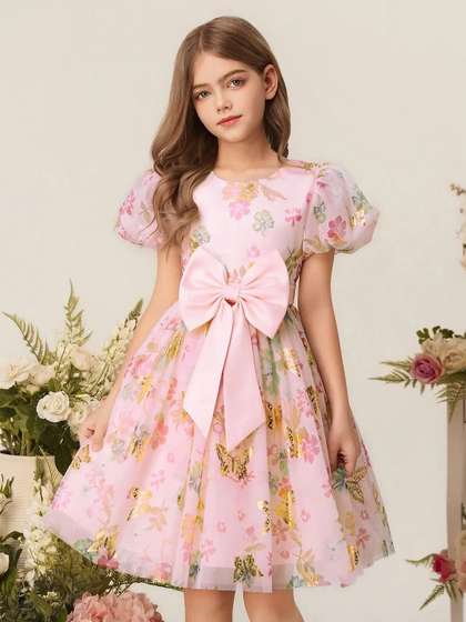 YK Girls Floral Print
                    Puff Sleeve Bow Cotton Fit & Flare Dress
