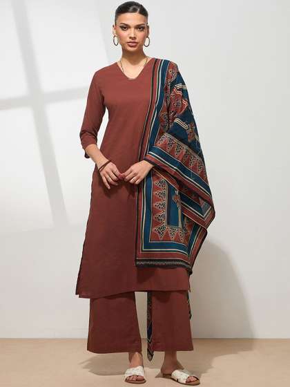 KALINI V-Neck Pure
                        Cotton Straight Kurta With Palazzos &
                        Dupatta