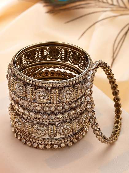 KARATCART Set Of 10
                        Gold-Plated Kundan Stone-Studded Bangles