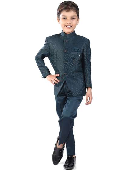 earth conscious Boys
                    Self Design Jacquard 2-Piece Jodhpuri Blazer &
                    Pant Suit Set