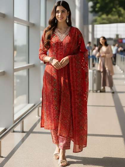 AADVIKA Women
                            Ethnic Motifs Printed Regular Thread Work
                            Kurta with Trousers & With Dupatta