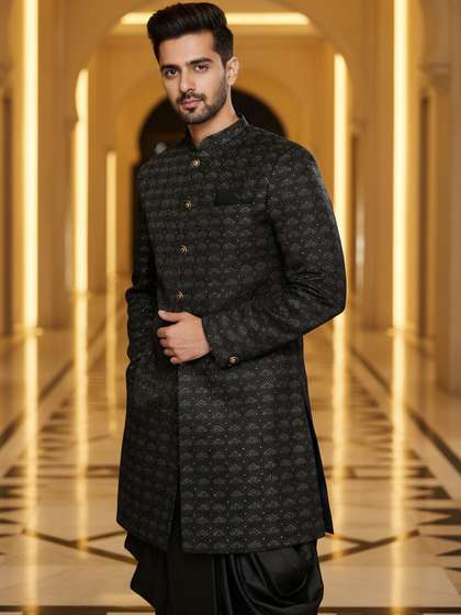 KISAH Men Woven
                        Design Indowestern Sherwani Dhoti Set