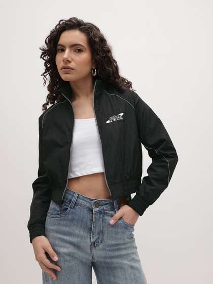 The Roadster Life
                        Co. Mock Collar Cropped Tailored Jacket With
                        Contrast Piping