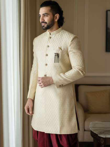 KISAH Men Woven
                          Design Indowestern Sherwani Dhoti Set