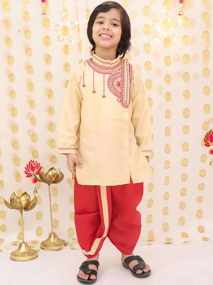BownBee Boys Ethnic
                      Motifs Embroidered Angrakha Thread Work Linen
                      Kurta with Dhoti Pants