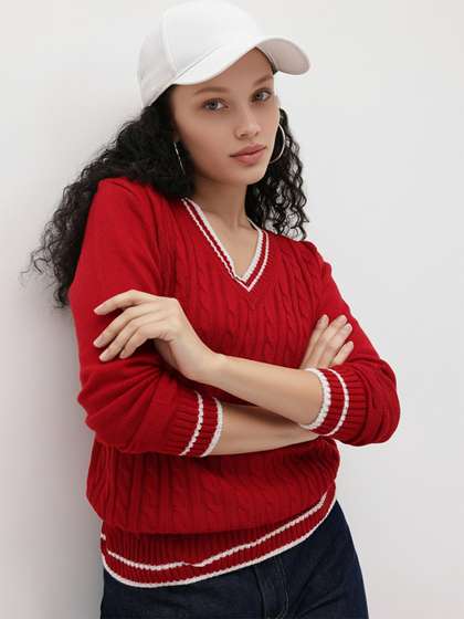 The Roadster Life
                          Co. Contrast Striped Pure Acrylic Cable Knit
                          Pullover
