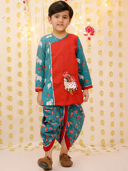 BownBee Boys Ethnic
                      Motifs Printed Angrakha Pure Cotton Kurta with
                      Dhoti Pants