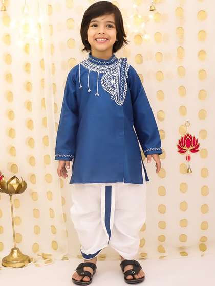 BownBee Boys Ethnic
                      Motifs Embroidered Regular Thread Work Linen Kurta
                      with Dhoti Pants