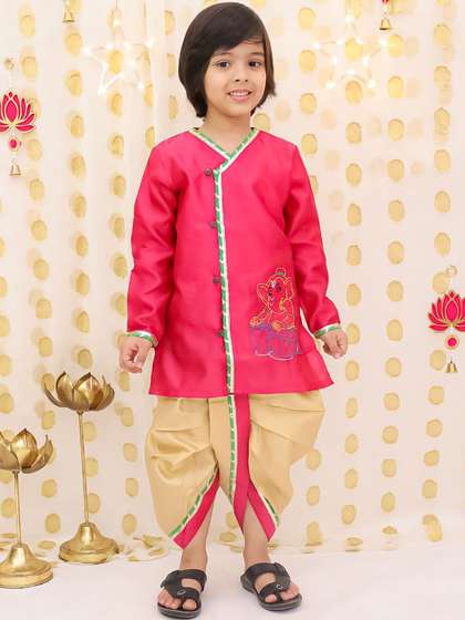 BownBee Boys Ethnic
                      Motifs Embroidered Angrakha Thread Work Kurta with
                      Dhoti Pants