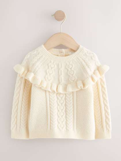 NEXT Girls Cable Knit
                      Fuzzy Pullover with Ruffles Detail