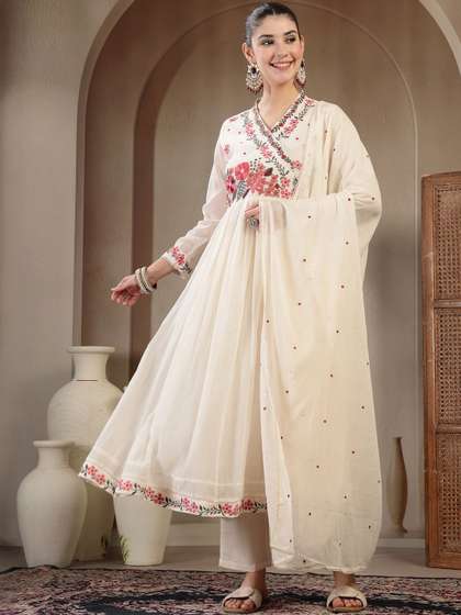 GULMOHAR JAIPUR
                          Women Floral Embroidered Angrakha Thread Work
                          Kurta Trousers Dupatta