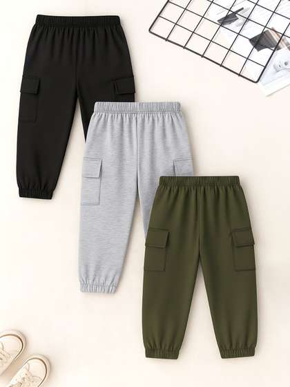 YK X Trampoline Kids
                    Pack Of 3 Cotton Mid-Rise Relaxed-Fit Breathable
                    Cargo Joggers
