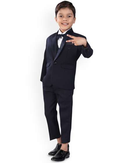 earth conscious Boys
                    Shawl Collar Full Sleeves 4 Piece Coordinating Suit
                    Set With Bow