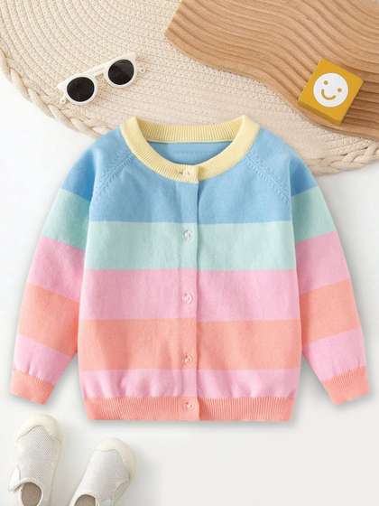 YK Girls Colourblocked
                    Round Neck Long Sleeves Button Closure Regular
                    Cardigan