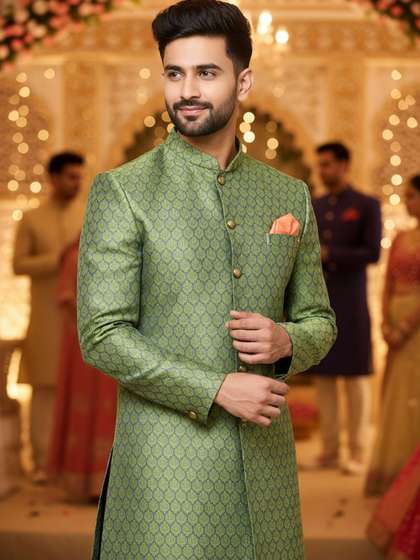 KISAH Men Woven
                        Design Indowestern Sherwani Churidar Set