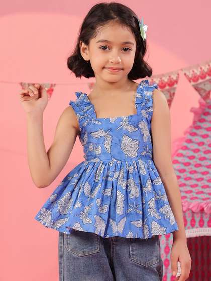 Rain & Rainbow Print
                    Cotton Peplum Crop Top