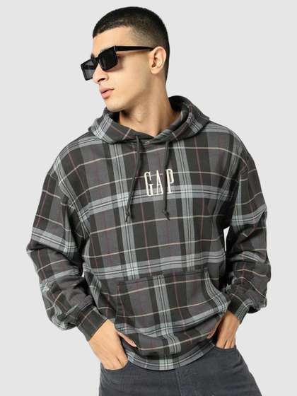 GAP Men Checked
                          Embroidered Drop-Shoulder Hooded Pullover
                          Sweatshirt