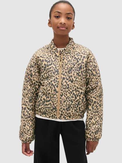 GAP Girls Leopard
                      Printed Band Neck Bomber Jacket