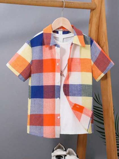 BAESD Boys Checked
                    Spread Collar Cotton Shirt