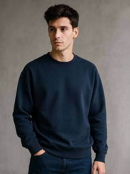 Organic Chics Men
                          Solid Round Neck Navy Fleece Sweatshirt