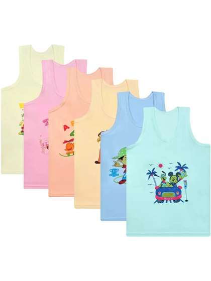 TINY HANDS Infants Boys
                    Pack Of 6 Printed Pure Cotton Basic Innerwear Vests